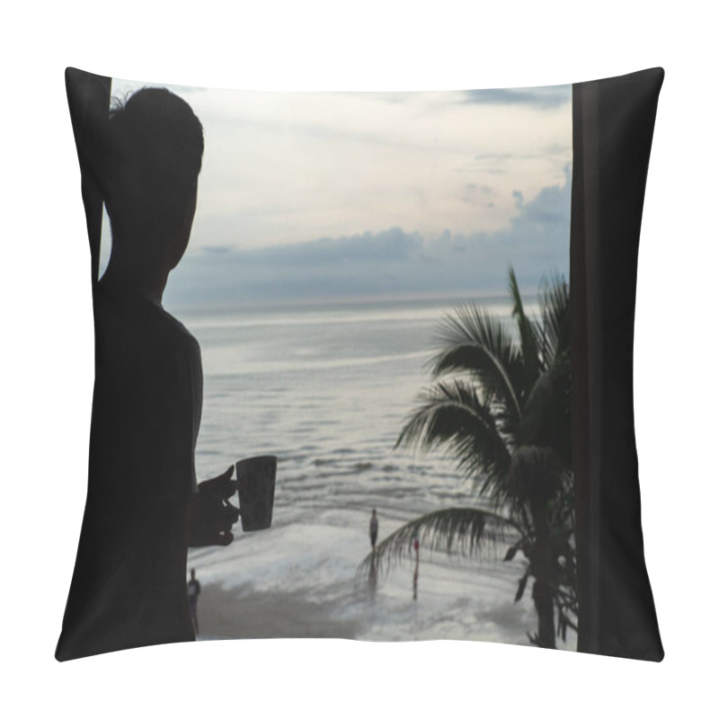 Personality  Silhouette Of Man Holding The Coffee Cup And Looking At The Sea From The Bedroom Pillow Covers