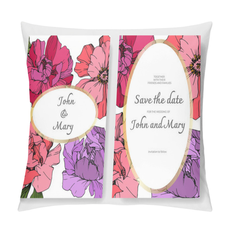 Personality  Vector Pink And Purple Peonies. Engraved Ink Art. Save The Date Wedding Invitation Cards Graphic Set Banner. Pillow Covers