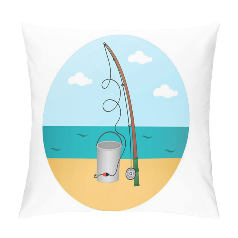 Personality  Illustration Of Fishing Rod Near Bucket And Blue River  Pillow Covers