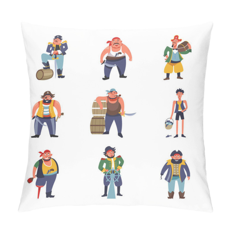 Personality  Pirates Cartoon Characters Of Captains With Ship Helm Or Sailor Filibuster With Gold Money Chest, Frigate Cabin Boy And Old Man With Wooden Crutch Leg Pillow Covers