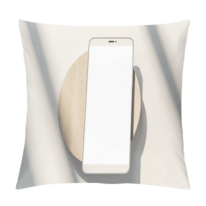 Personality  Blank White Cell Phone Screen On Wooden Cylinder At Abstract Sunny White Background. Realistic Cell Phone Mockup. 3D Rendering Pillow Covers