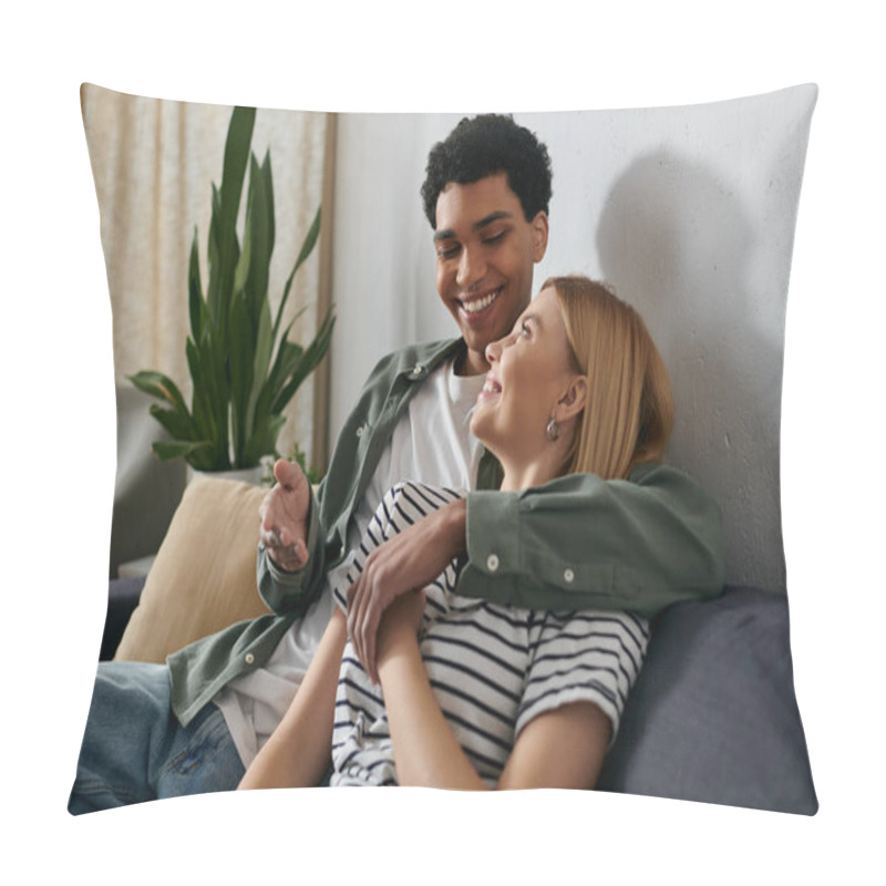 Personality  A Young Couple, Embracing On A Couch In Their Modern Apartment, Share A Tender Moment Together. Pillow Covers