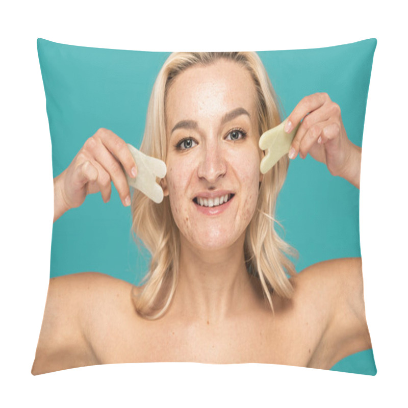 Personality  Cheerful Woman With Blemishes Massaging Face With Jade Face Scrapers Isolated On Turquoise Pillow Covers