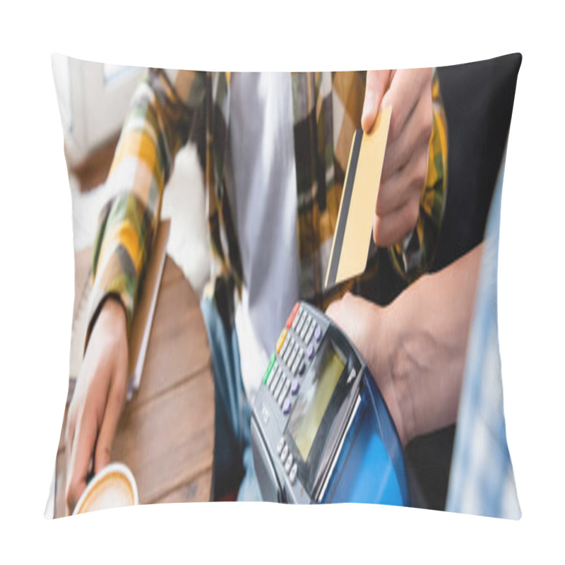 Personality  Cropped View Of Man With Credit Card Near Waiter Holding Payment Terminal, Banner Pillow Covers