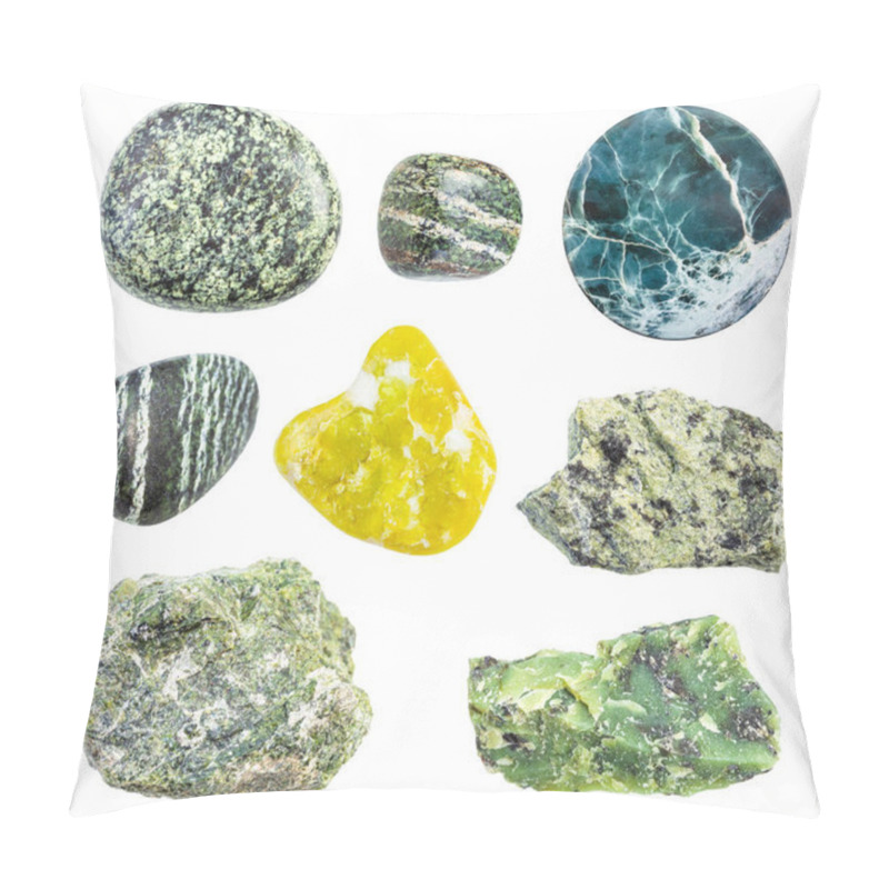 Personality  Set Of Various Serpentine And Serpentinite Gemstones Isolated On White Background Pillow Covers