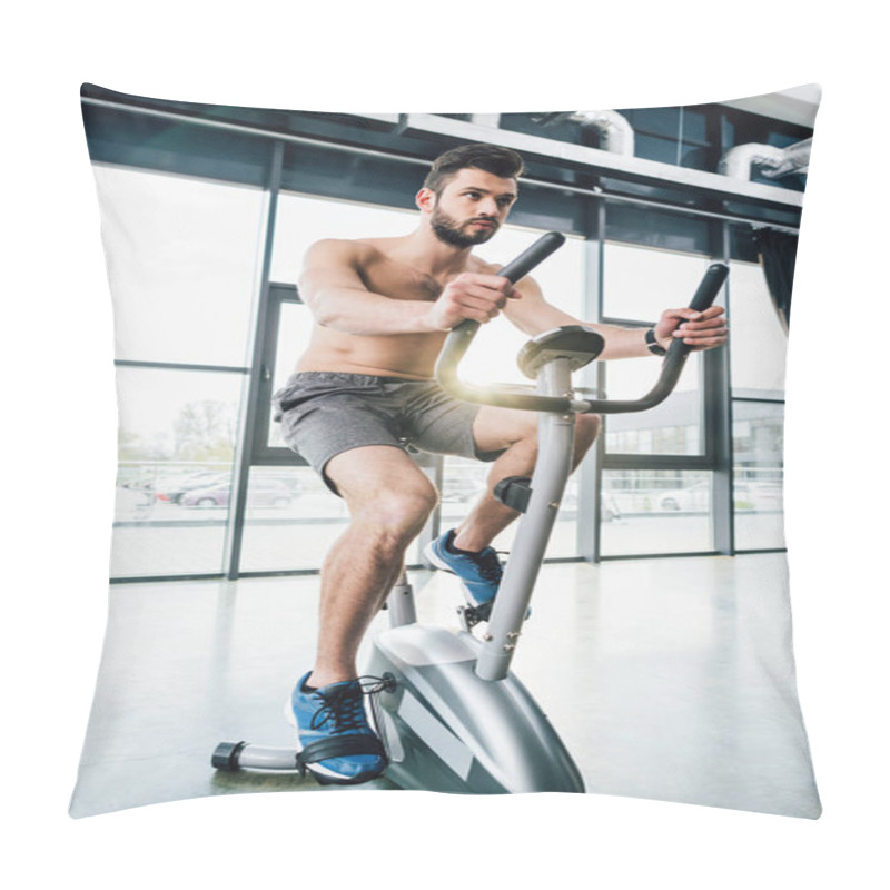 Personality  Handsome Sportsman Training On Elliptical Machine At Sports Center Pillow Covers