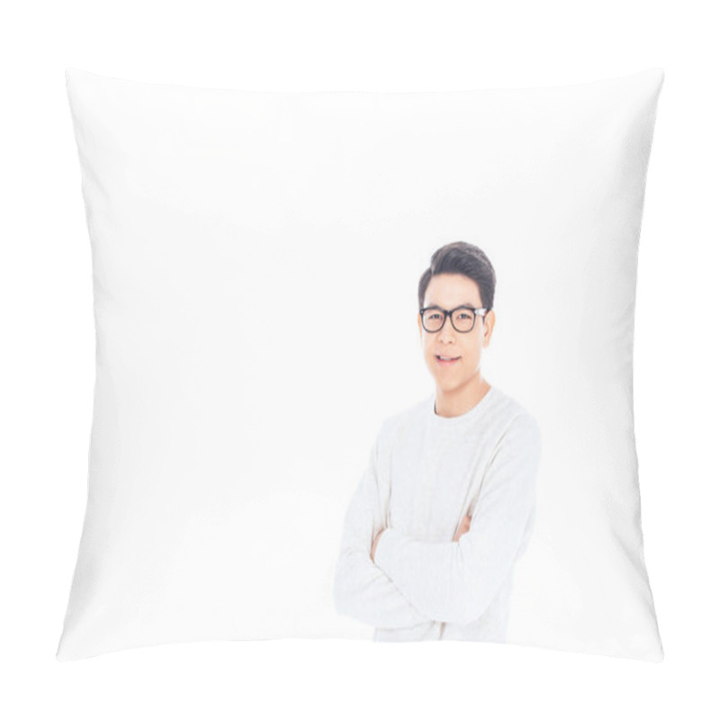 Personality  Portrait Of Asian Teenager In Eyeglasses With Arms Crossed Isolated On White  Pillow Covers