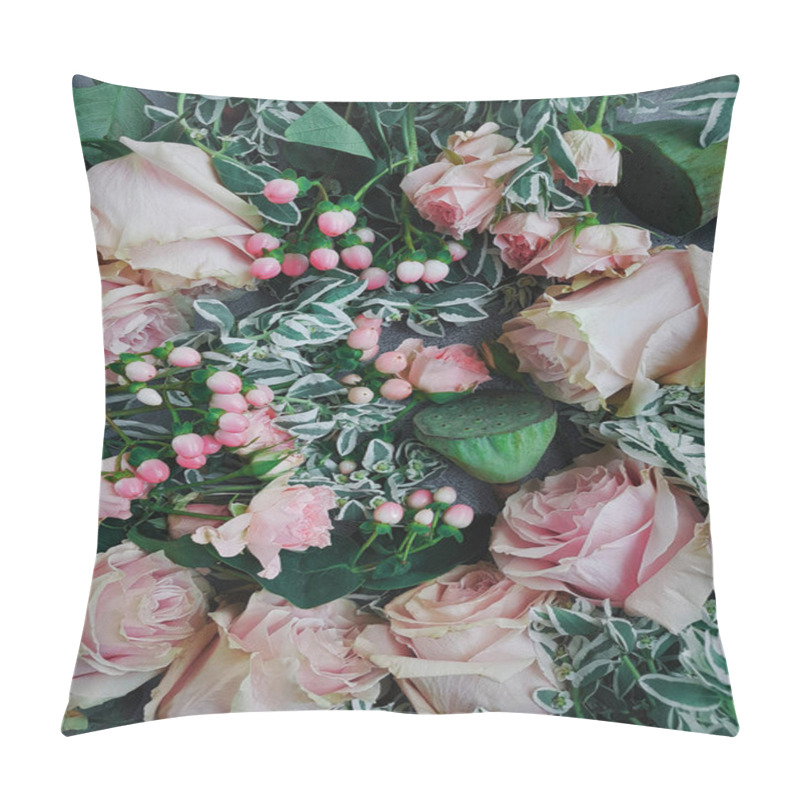 Personality  Wedding Flowers, Blog Style, Flatlay, Light Gray Background, Floristics, Delicate Roses, Lotus And Greens Closeup Pillow Covers