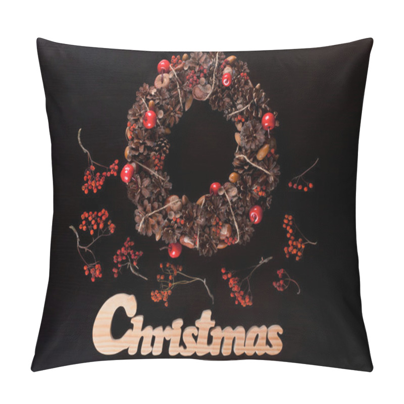 Personality  Christmas Wreath And Christmas Wooden Writing On Black. Pillow Covers