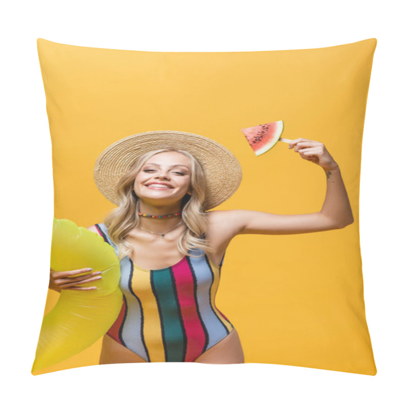 Personality  Happy Woman Standing With Inflatable Ring And Holding Popsicle Stick With Watermelon Isolated On Yellow  Pillow Covers