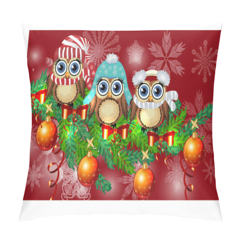 Personality  Three Owls In Caps, Scarves, Headphones On A Spruce Branch Decorated With Balls, Garlands. Christmas Card Pillow Covers