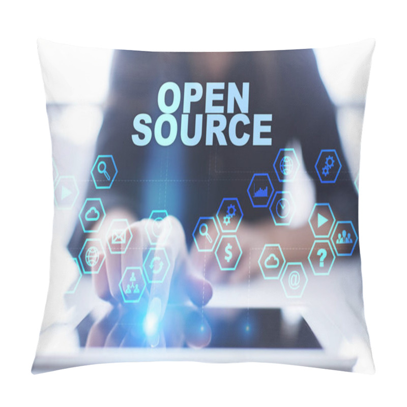 Personality  Woman Is Using Tablet Pc, Pressing On Virtual Screen And Selecting Open Source Pillow Covers