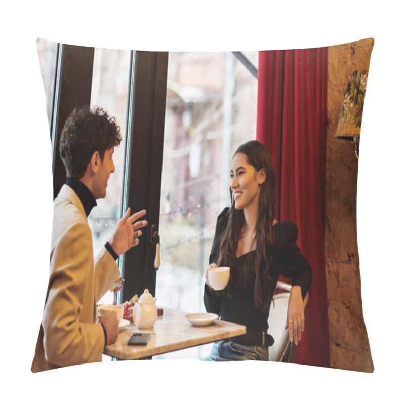 Personality  Celebrating Love, A Couple Shares Smiles And Warm Moments Over Coffee In An Intimate Setting. Pillow Covers