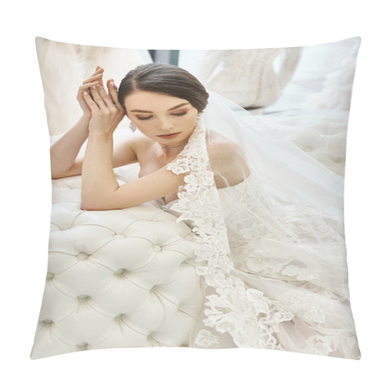 Personality  A Young Brunette Bride In A Wedding Dress Lays Gracefully On A Plush Sofa In A Luxurious Bridal Salon. Pillow Covers