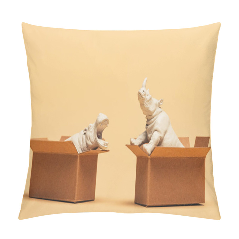 Personality  White Toy Hippopotamus And Rhinoceros In Cardboard Boxes On Yellow Background, Animal Welfare Concept Pillow Covers