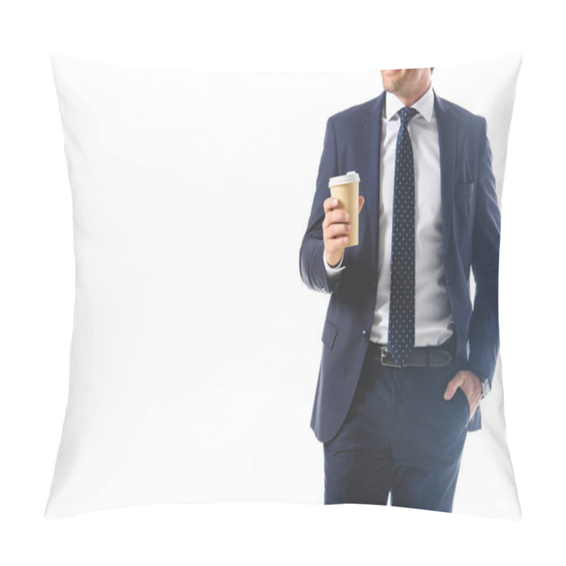 Personality  Cropped Image Of Smiling Businessman In Eyeglasses Holding Paper Cup Of Coffee Isolated On White Background  Pillow Covers