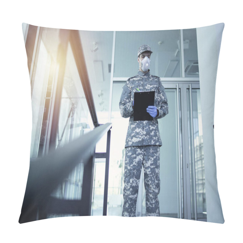 Personality  Soldier In Military Camouflage Uniform With Rubber Gloves And Mask Guarding In Front Of Hospital's Door And Controlling Who Gets In And Out. Military Helping In Fight Against Coronavirus Or COVID-19. Pillow Covers