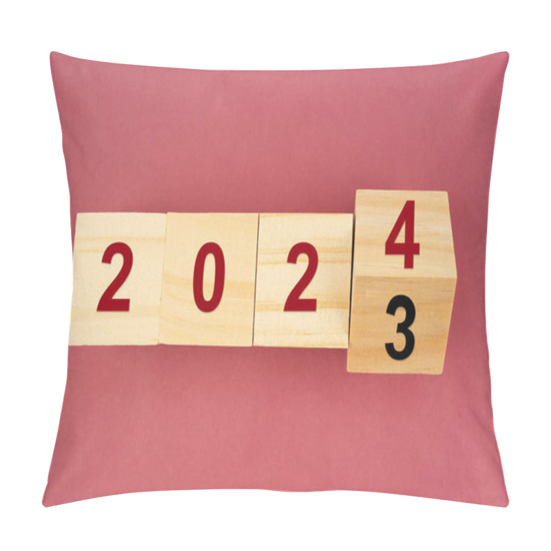 Personality  New Year 2023 Change To 2024. Flip Over Wooden Cube Block. New Year Resolution Goal Concept. Pillow Covers