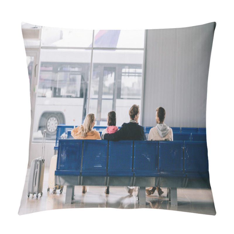 Personality  Rear View Of Young People Sitting And Waiting For Flight In Airport Terminal  Pillow Covers