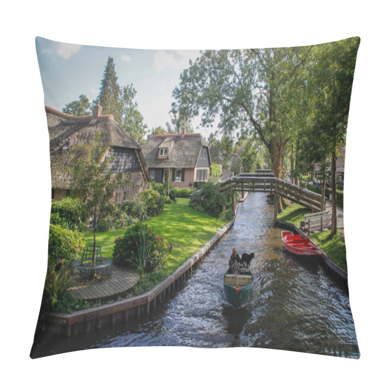 Personality  Giethoorn, Netherlands - September 7, 2018: Beautiful Fairy Village With Channels Which Are Floating Boats And Cozy Traditional Houses Pillow Covers