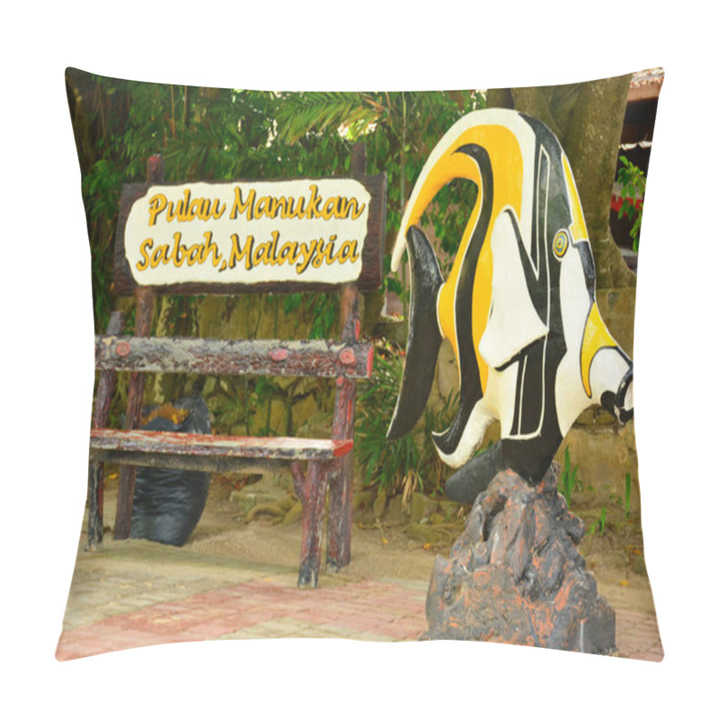 Personality  SABAH, MY - JUNE 20: Manukan Island Sign On June 20, 2016 In Malaysia. The Manukan Island Resort Is A Hideaway That Is One Of The Five Tropical Islands That Comprise The Tunku Abdul Rahman Park. Pillow Covers