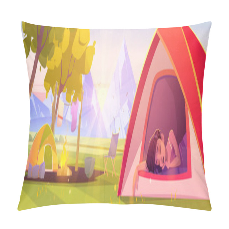 Personality  Woman Sleep In Camping Tent With Fire And Tourist Stuff. Traveler Girl Relax In Halt With Drying Clothes On Nature Landscape With Trees And Rocks, Hiking Or Travel Scene Cartoon Vector Illustration Pillow Covers