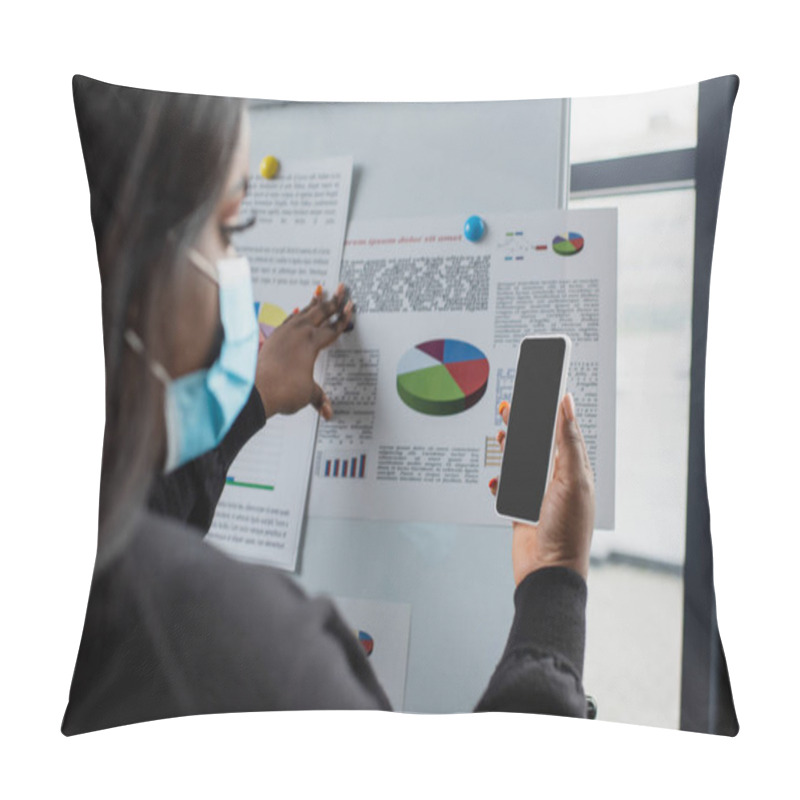 Personality  Blurred African American Plus Size Businesswoman In Medical Mask Using Smartphone Near Flip Chart With Charts And Graphs Pillow Covers