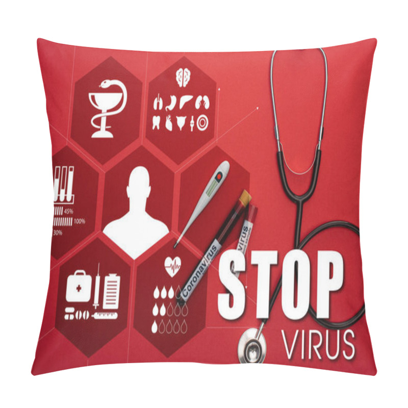 Personality  Top View Of Stethoscope, Thermometer And Test Tubes With Blood Samples And Stop Virus Lettering On Red Background Pillow Covers