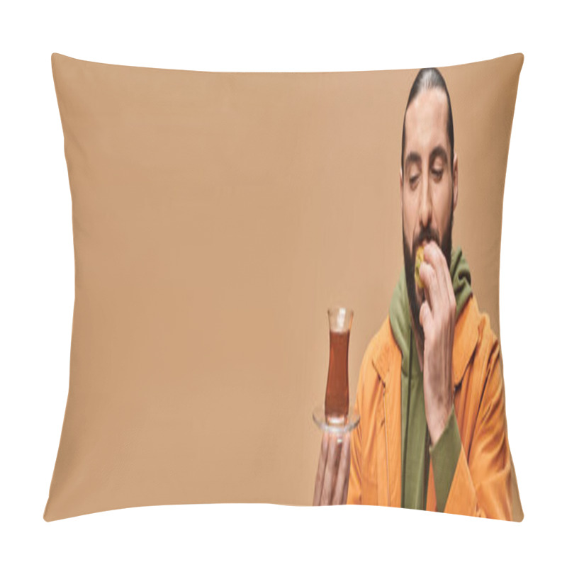 Personality  Banner Of Happy Bearded Man Holding Turkish Tea In Traditional Glass Cup And Eating Tasty Baklava Pillow Covers