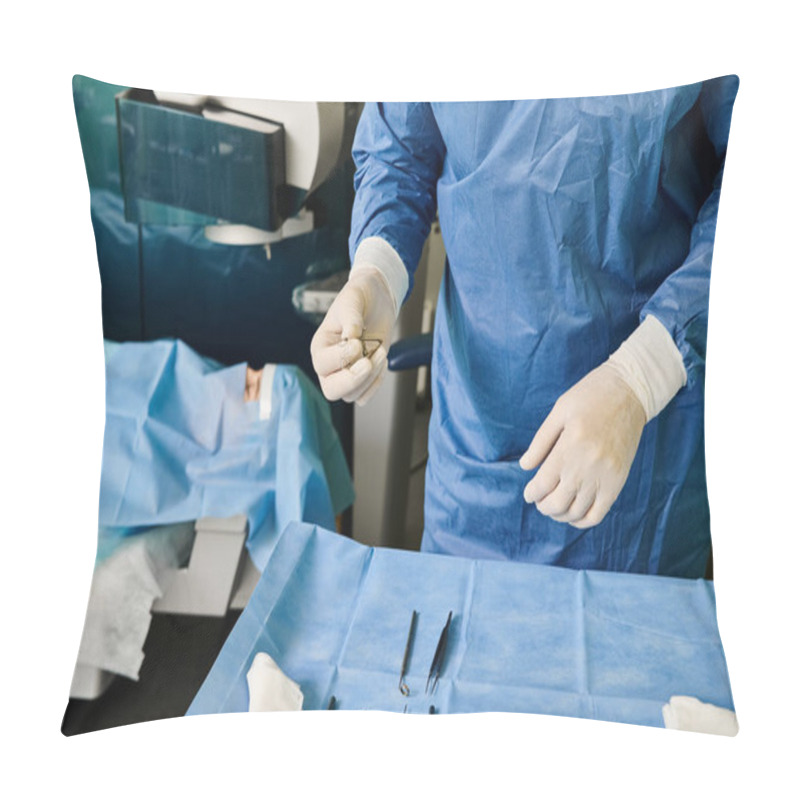 Personality  A Man In A Hospital Gown And Gloves Preparing For Laser Vision Correction. Pillow Covers