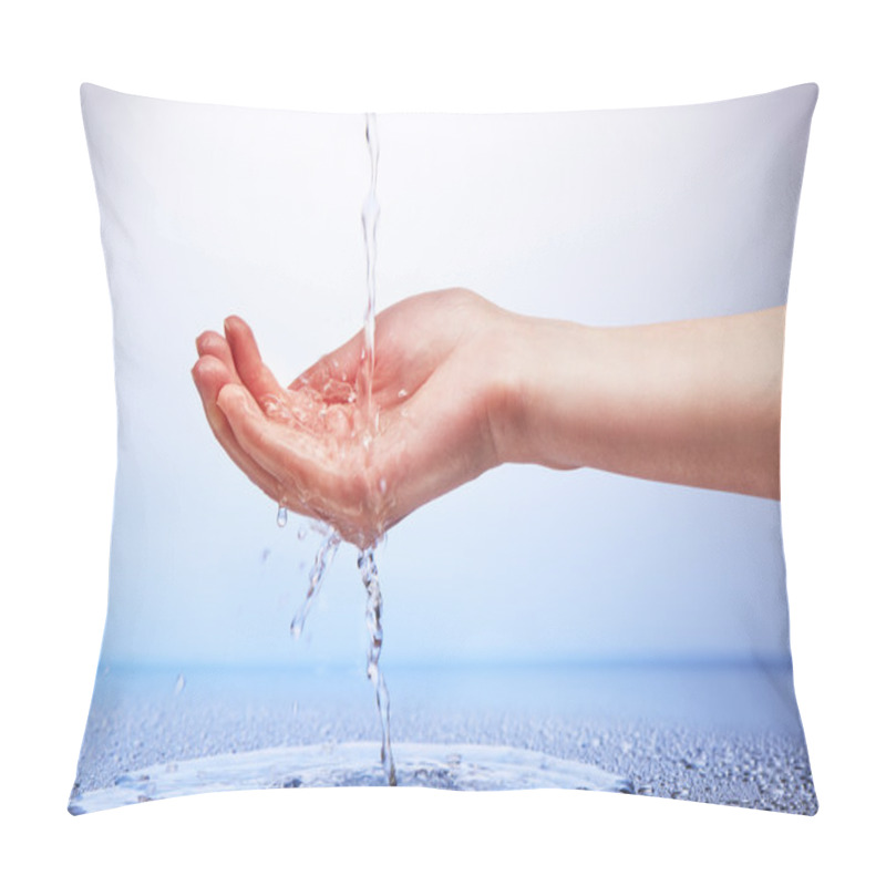 Personality  Water Falling In Womans Hand On White And Blue Pillow Covers