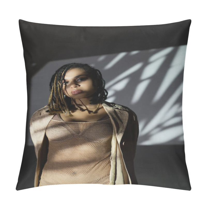 Personality  Charming And Sexy African American Woman With Stylish Dreadlocks, In Lingerie, Net Bodysuit And Jacket Looking At Camera While Posing In Light On Black And White Background With White Shadows Pillow Covers