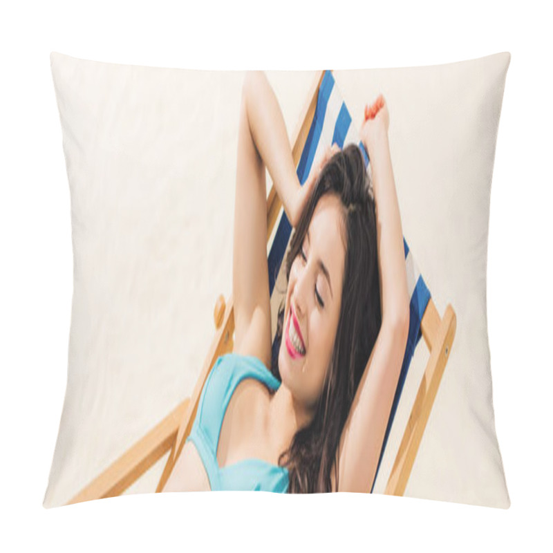 Personality  Panoramic Shot Of Beautiful Smiling Girl In Bikini Relaxing On Deck Chair On Beach Pillow Covers