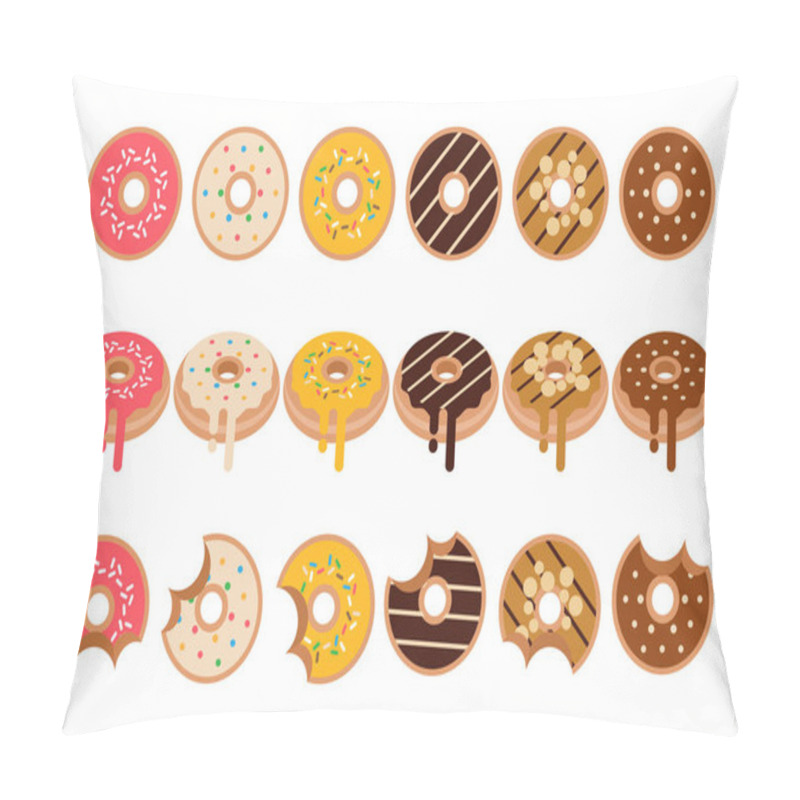 Personality  Set Of Different Donuts Top View Set, Slice Of Donut Isolated On White Background, Strawberry, White And Dark Chocolate, Caramel, Hazelnut Chocolate, Mango, Isolated Set Collection, Simple Flat Vector Pillow Covers