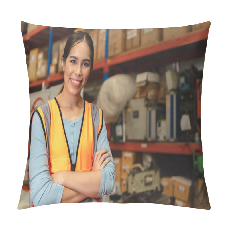 Personality  Portrait Smart Woman Worker Asian Girl Teen Work In Warehouse Factory Inventory Manager Confident Happy Smiling. Pillow Covers