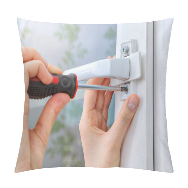 Personality  Screwing The Screw Of Window Handle On Pvc Window. Pillow Covers