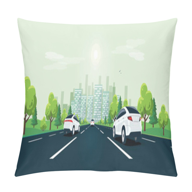 Personality  Traffic On The Road Perspective Horizon Vanishing Point View With City Skyline.  Pillow Covers