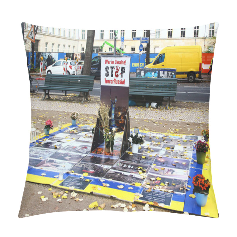 Personality  Berlin, Germany - November 9, 2023: Installation On Central Unter Den Linden Avenue In Front Of Russian Embassy In Berlin, Dedicated To Russian Invasion Of Ukraine.  Pillow Covers