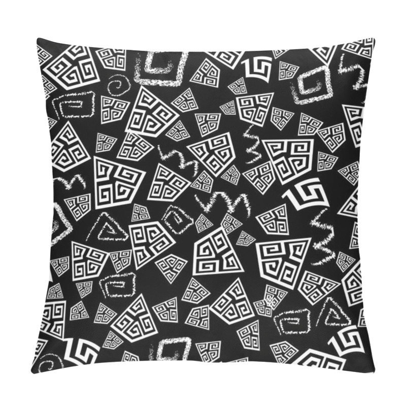 Personality  Black And White Doodle Greek Vector Seamless Pattern. Abstract Monochrome Geometric Background. Chalk Tribal Ethnic Style Greek Key Meander Ornament, Shapes, Triangles, Circles, Squares, Zigzag Pillow Covers