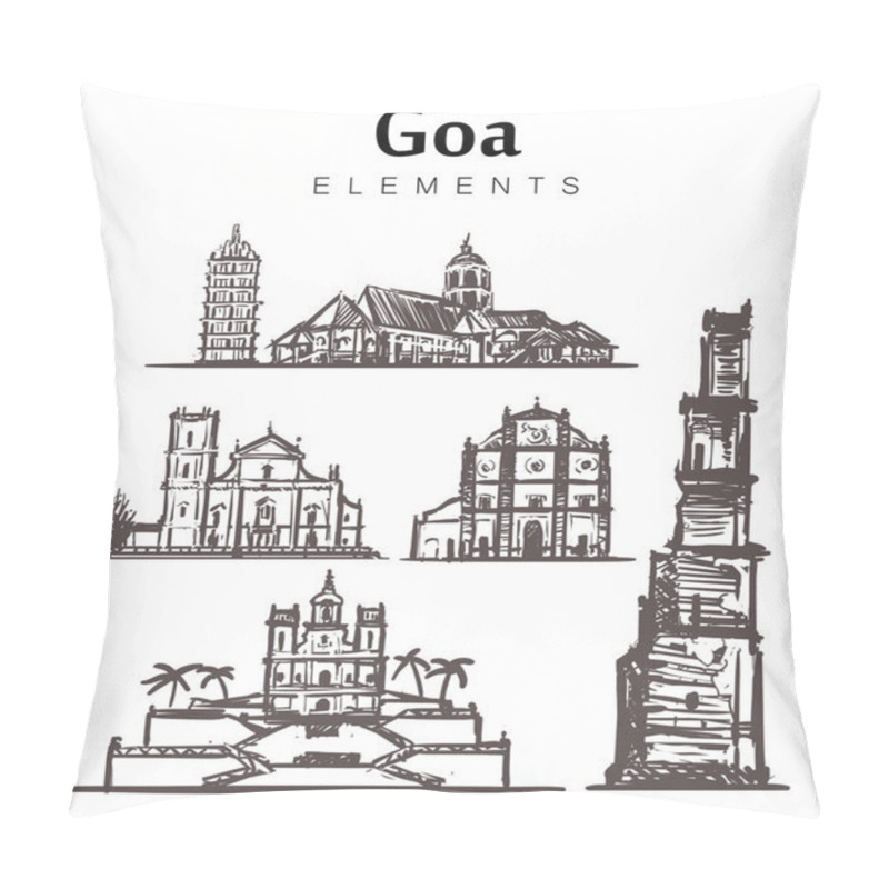 Personality  Set Of Hand-drawn Goa Buildings.India, Goa Elements Sketch Vector Illustration. Shanta Durga Temple,The Cathedral Of The,Church And Monastery Of St. Augustine And Other.Isolated On White Background. Pillow Covers