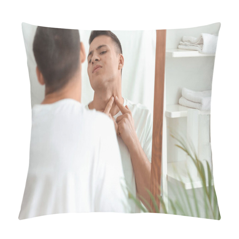 Personality  Portrait Of Young Man With Acne Problem Squishing Pimples At Home Pillow Covers