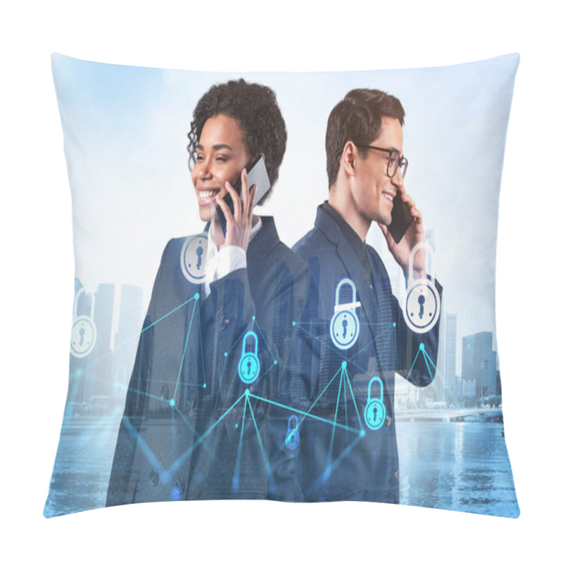 Personality  Businessman And Businesswoman As A Part Of Corporate Team Processing Conference Call To Protect Clients Confidential Information At Cybersecurity Compliance Division. IT Lock Icons Over Singapore. Pillow Covers