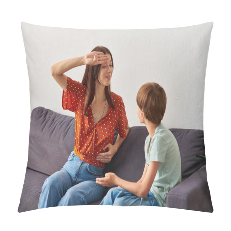 Personality  A Mother And Her Hearing Impaired Son Enjoy A Joyful Conversation Together. Pillow Covers