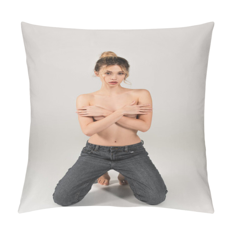 Personality  Seductive Half Naked Woman Covering Bust With Crossed Arms While Kneeling In Jeans On Grey Background Pillow Covers