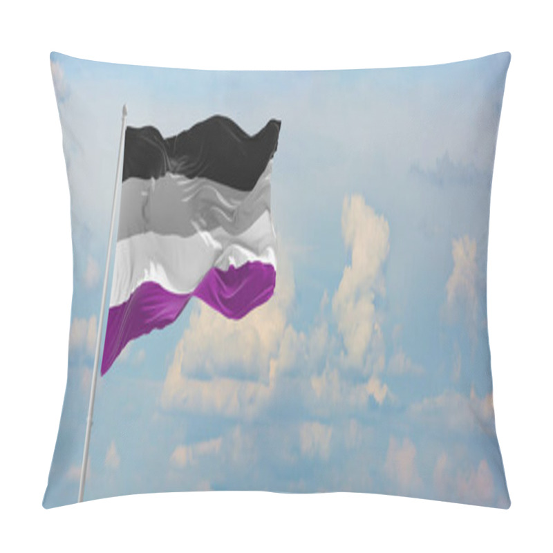 Personality  Flag Of Asexuality Pride Waving In The Wind On Flagpole Against The Sky With Clouds On Sunny Day. Panoramic View With Copy Space For Wide Banner. 3d Illustration Pillow Covers