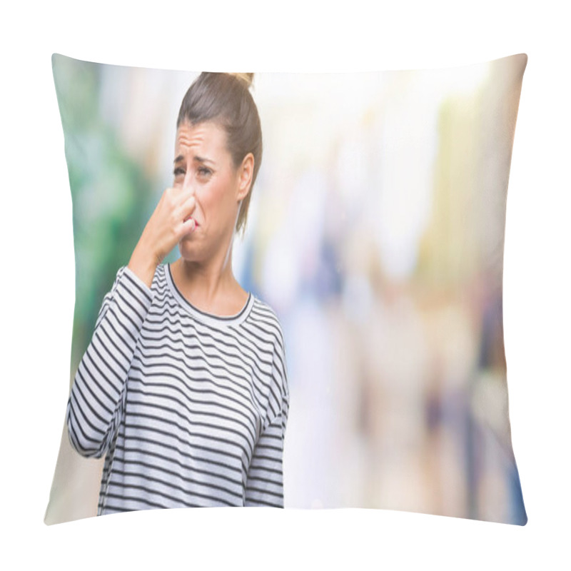 Personality  Young Beautiful Woman Casual Stripes Sweater Over Isolated Background Smelling Something Stinky And Disgusting, Intolerable Smell, Holding Breath With Fingers On Nose. Bad Smells Concept. Pillow Covers