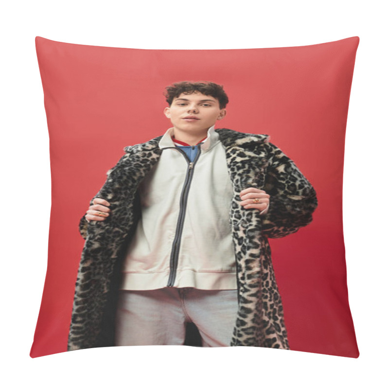 Personality  Handsome Young Man Showcases A Bold Fashion Statement With A Stylish Leopard Coat. Pillow Covers