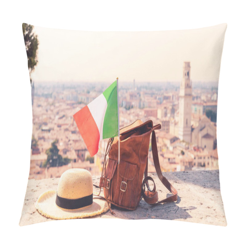 Personality  Sunhat, Bag And Italian Flag With Italian City In The Background (Verona, Venetia)- Travel,vacation, Tour Tourism In Italy Concept Pillow Covers