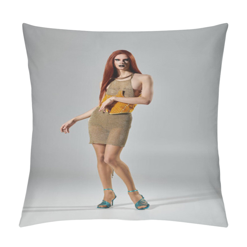 Personality  A Drag Diva Strikes A Pose In A Stunning Gold Mesh Dress. Pillow Covers