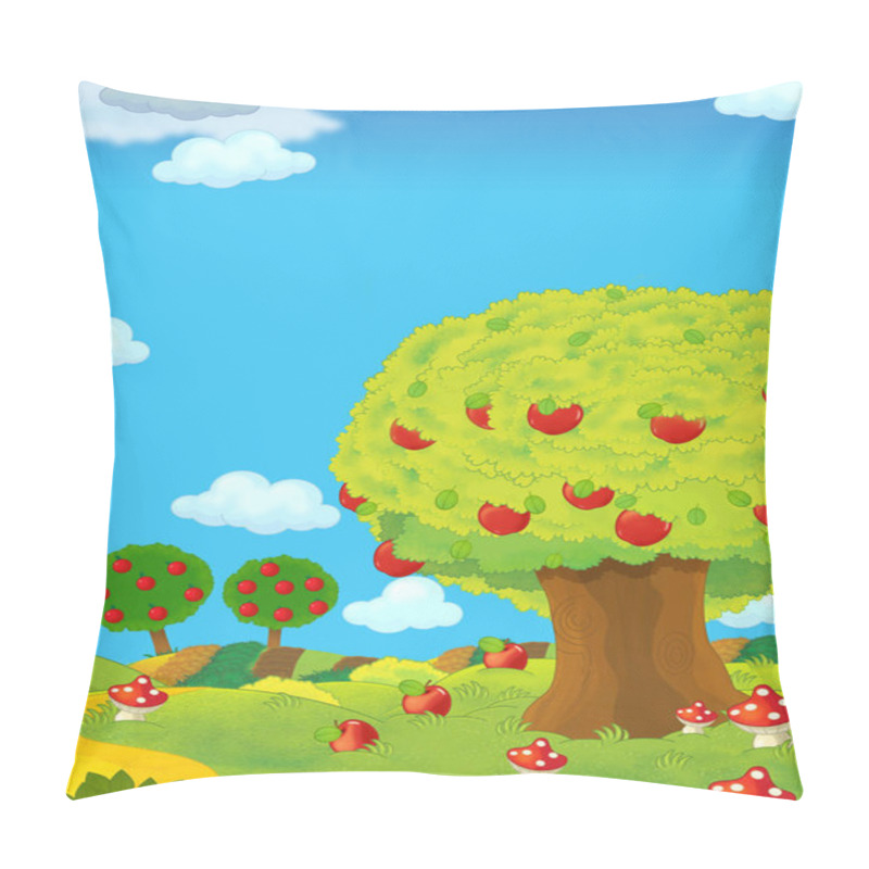 Personality  Cartoon Scene With Farm Fields By The Day And Apple Trees - Illustration For Children Pillow Covers